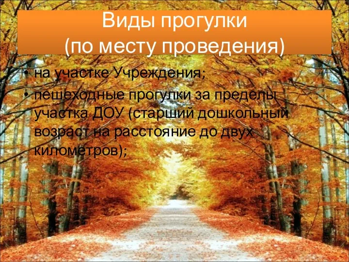 Виды прогулки (по месту проведения) на участке Учреждения; пешеходные прогулки