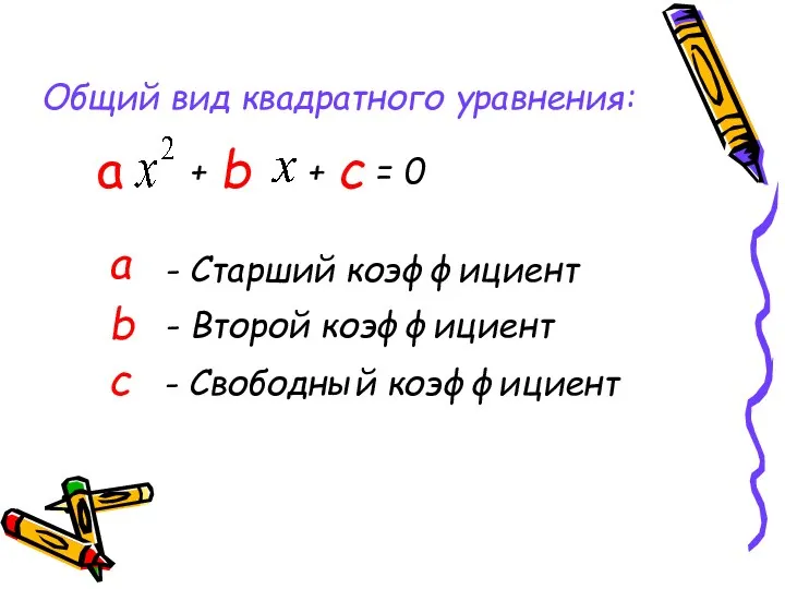 Общий вид квадратного уравнения: + b + с = 0