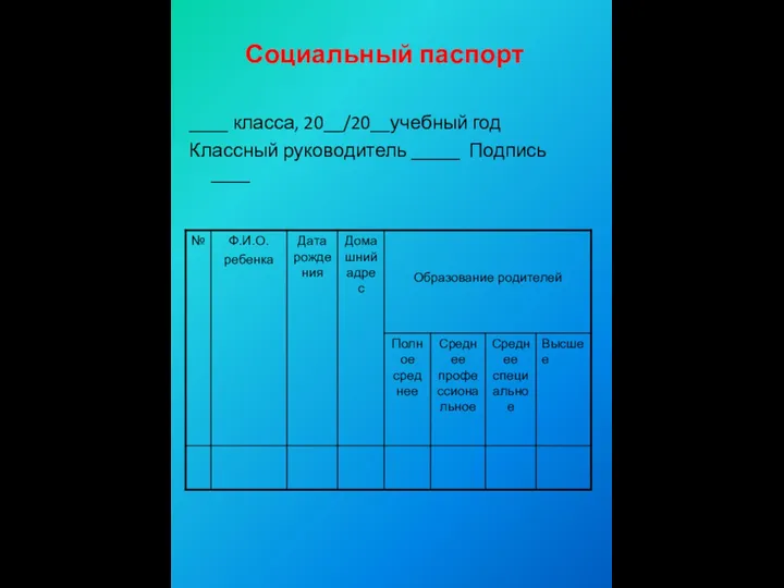 Социальный паспорт ____ класса, 20__/20__учебный год Классный руководитель _____ Подпись ____