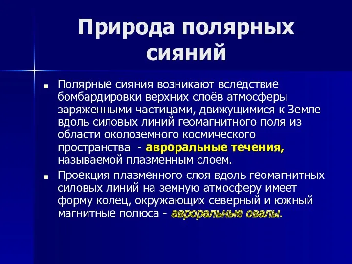 Природа полярных сияний Полярные сияния возникают вследствие бомбардировки верхних слоёв