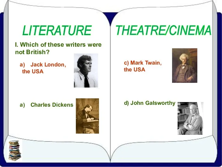 LITERATURE THEATRE/CINEMA I. Which of these writers were not British? Jack London, the