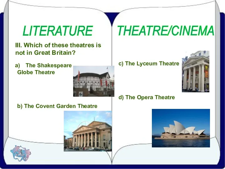 LITERATURE THEATRE/CINEMA III. Which of these theatres is not in Great Britain? The