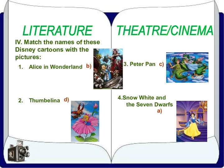 4.Snow White and the Seven Dwarfs LITERATURE THEATRE/CINEMA IV. Match the names of