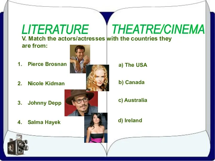 LITERATURE THEATRE/CINEMA V. Match the actors/actresses with the countries they