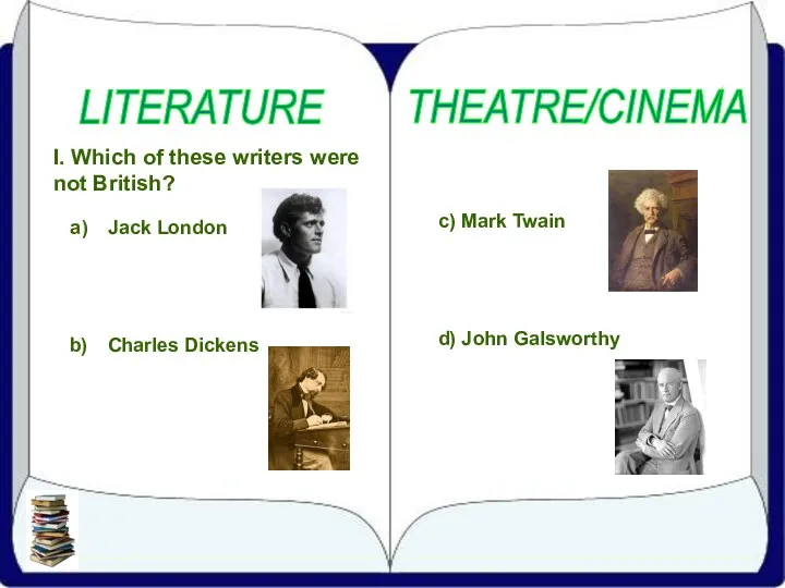 LITERATURE THEATRE/CINEMA I. Which of these writers were not British? Jack London Charles