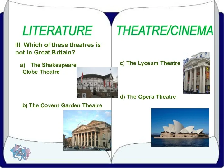 LITERATURE THEATRE/CINEMA III. Which of these theatres is not in Great Britain? The