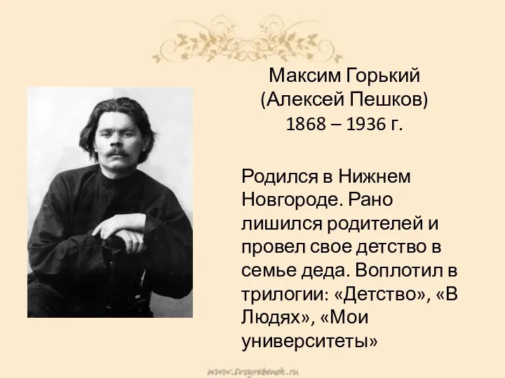 Максим Горький (Алексей Пешков) 1868 – 1936 г. Родился в