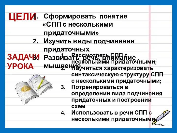 ЦЕЛИ ЗАДАЧИ УРОКА Сформировать понятие «СПП с несколькими придаточными» Изучить