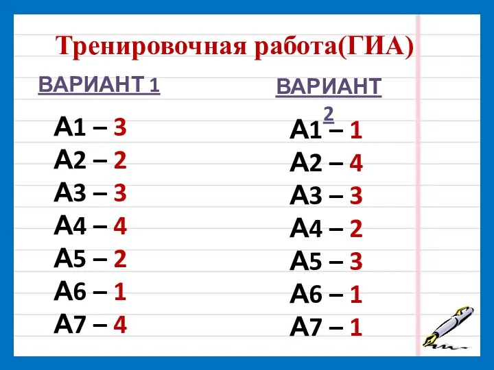 Тренировочная работа(ГИА) ВАРИАНТ 1 ВАРИАНТ 2 А1 – 3 А2