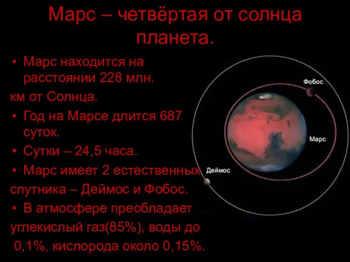Марс находится на расстоянии 228 млн. км от Солнца. Год