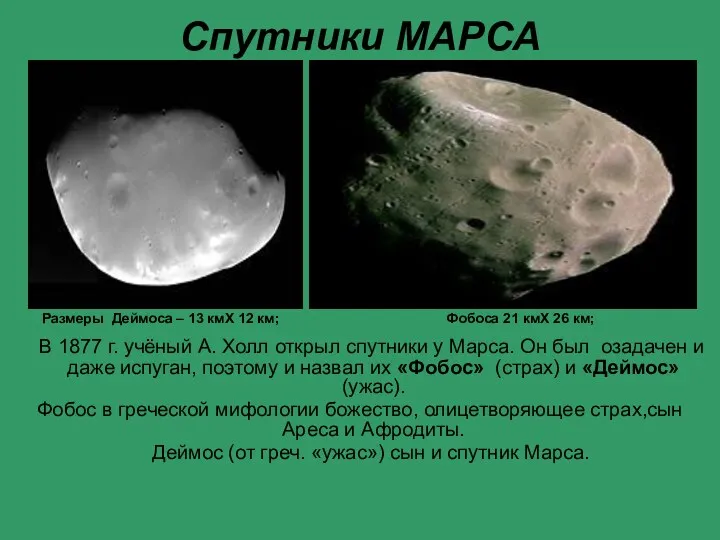 Спутники МАРСА Размеры Деймоса – 13 кмХ 12 км; Фобоса