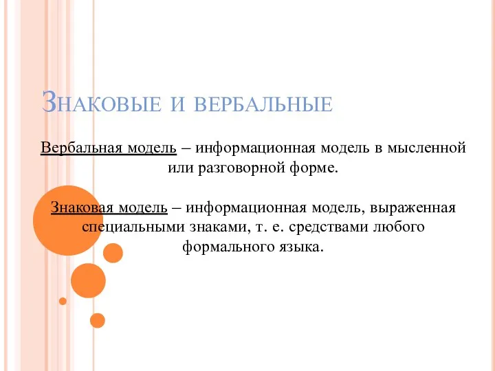 Знаковые и вербальные Вербальная модель – информационная модель в мысленной