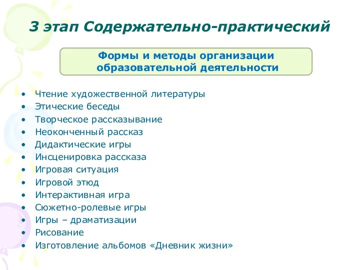 3 этап Содержательно-практический Чтение художественной литературы Этические беседы Творческое рассказывание Неоконченный рассказ Дидактические