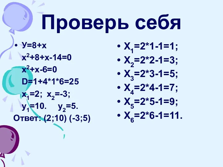 Проверь себя У=8+х х2+8+х-14=0 х2+х-6=0 D=1+4*1*6=25 х1=2; х2=-3; у1=10. у2=5.