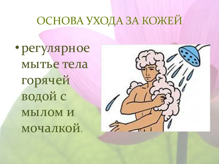 ОСНОВА УХОДА ЗА КОЖЕЙ регулярное мытье тела горячей водой с мылом и мочалкой.