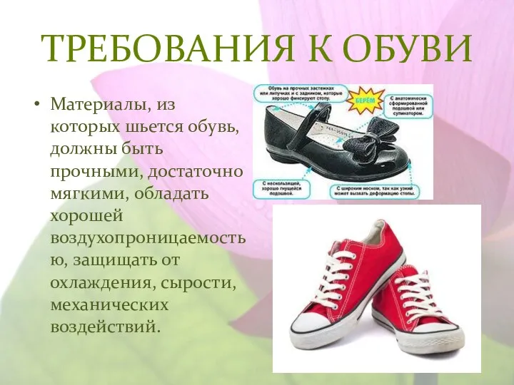 ТРЕБОВАНИЯ К ОБУВИ Материалы, из которых шьется обувь, должны быть