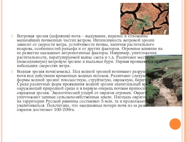 Ветровая эрозия (дефляция) почв – выдувание, перенос и отложение мельчайших