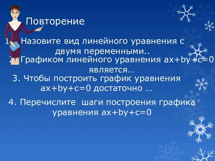 Повторение Назовите вид линейного уравнения с двумя переменными.. 2. Графиком