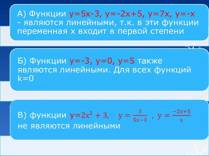 А) Функции у=5х-3, у=-2х+5, у=7х, у=-х - являются линейными, т.к.