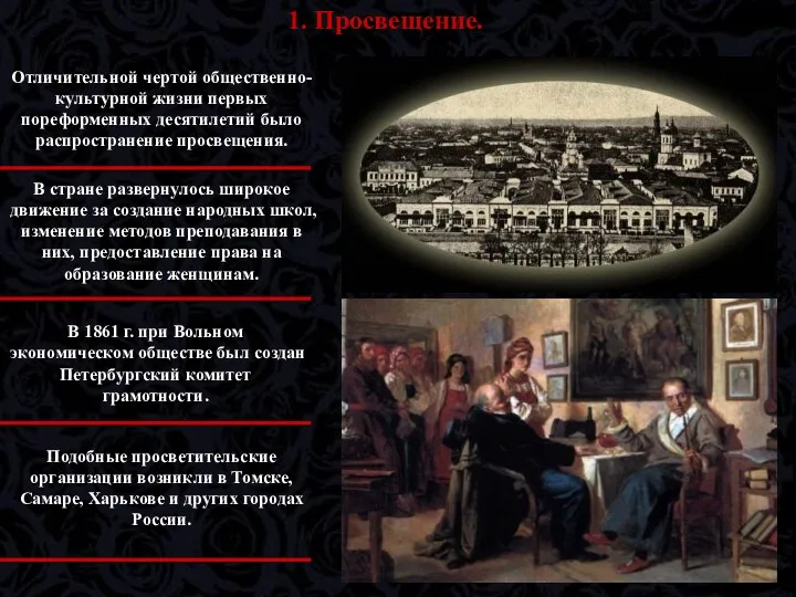 1. Просвещение. Отличительной чертой общественно-культурной жизни первых пореформенных десятилетий было распространение просвещения. В