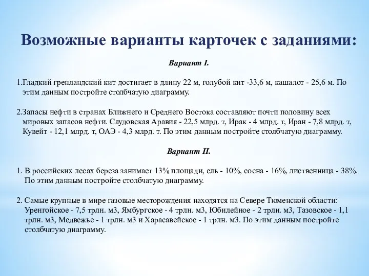 Возможные варианты карточек с заданиями: Вариант I. 1.Гладкий гренландский кит