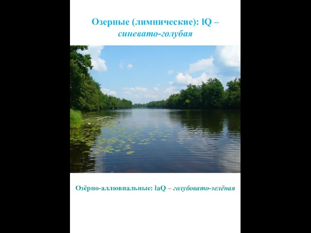 Озерные (лимнические): lQ – синевато-голубая Озёрно-аллювиальные: laQ – голубовато-зелёная