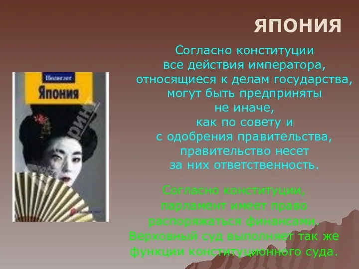 ЯПОНИЯ Согласно конституции все действия императора, относящиеся к делам государства,