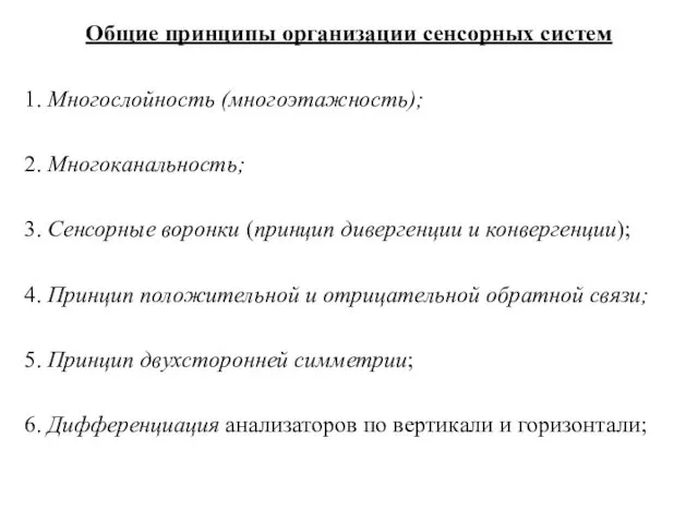 Общие принципы организации сенсорных систем 1. Многослойность (многоэтажность); 2. Многоканальность;