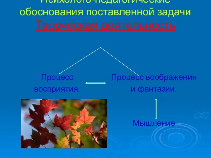 Психолого-педагогические обоснования поставленной задачи Творческая деятельность Процесс восприятия. Процесс воображения и фантазии. Мышление