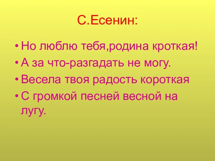 С.Есенин: Но люблю тебя,родина кроткая! А за что-разгадать не могу.