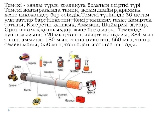 Темекі - заңды түрде қолдануға болатын есірткі түрі. Темекі жапырағында