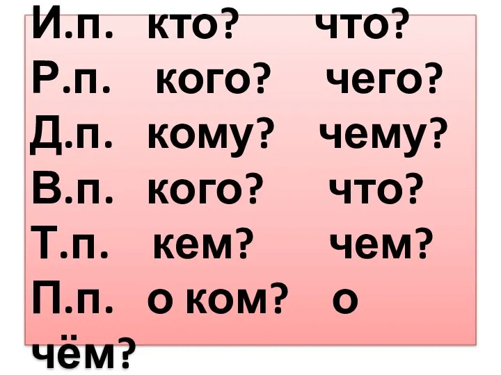 И.п. кто? что? Р.п. кого? чего? Д.п. кому? чему? В.п.