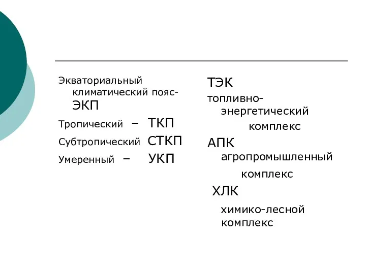 Экваториальный климатический пояс- ЭКП Тропический – ТКП Субтропический СТКП Умеренный – УКП ТЭК