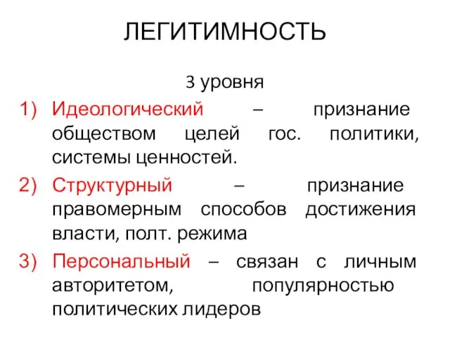 ЛЕГИТИМНОСТЬ 3 уровня Идеологический – признание обществом целей гос. политики,