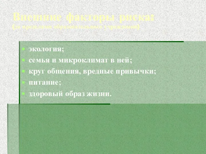 Внешние факторы риска: (за пределами образовательного учреждения) экология; семья и