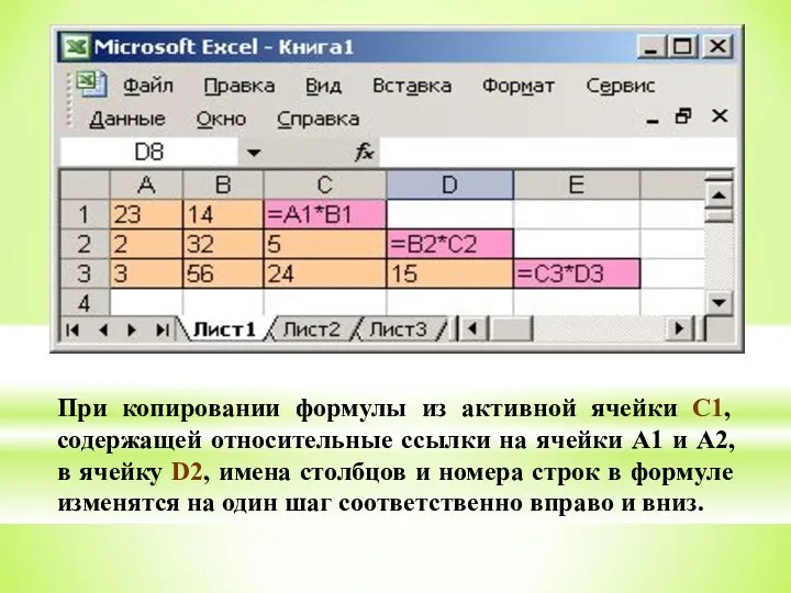 При копировании формулы из активной ячейки С1, содержащей относительные ссылки