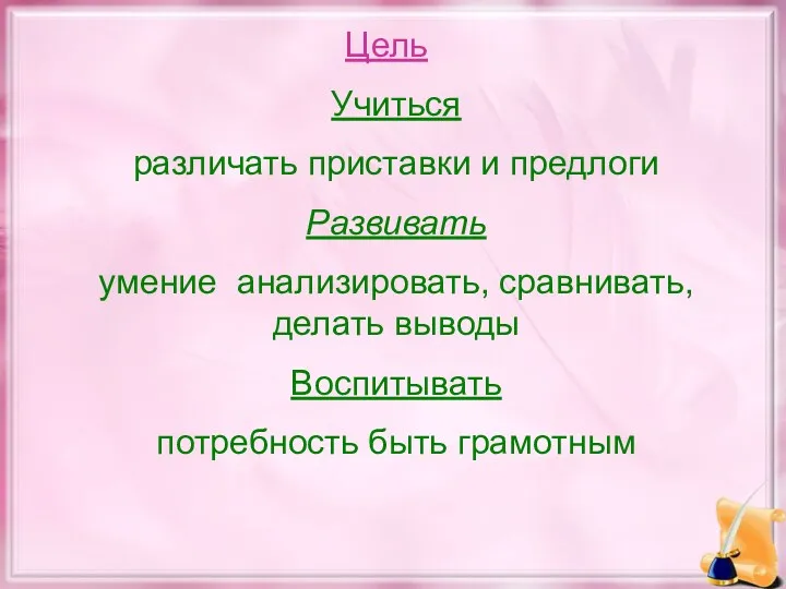 Цель Учиться различать приставки и предлоги Развивать умение анализировать, сравнивать, делать выводы Воспитывать потребность быть грамотным