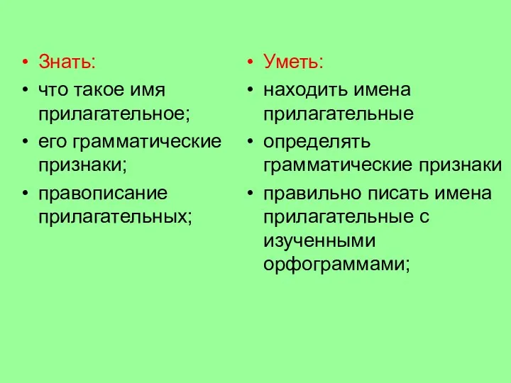 Знать: что такое имя прилагательное; его грамматические признаки; правописание прилагательных;