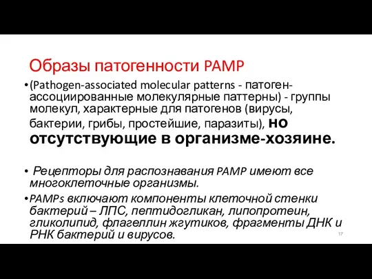 Образы патогенности PAMP (Pathogen-associated molecular patterns - патоген-ассоциированные молекулярные паттерны)