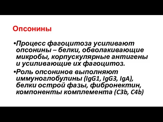 Опсонины Процесс фагоцитоза усиливают опсонины – белки, обволакивающие микробы, корпускулярные антигены и усиливающие