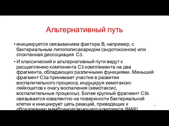 Альтернативный путь инициируется связыванием фактора В, например, с бактериальным липополисахаридом (эндотоксином) или спонтанная