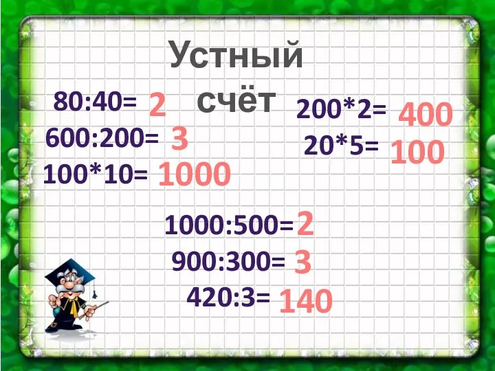Устный счёт 80:40= 600:200= 100*10= 1000:500= 900:300= 420:3= 200*2= 20*5= 2 3 1000