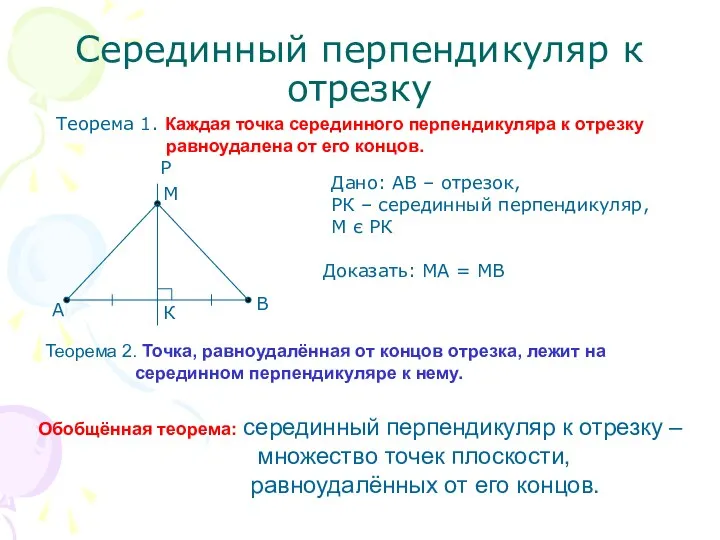 Серединный перпендикуляр к отрезку Теорема 1. Каждая точка серединного перпендикуляра к отрезку равноудалена