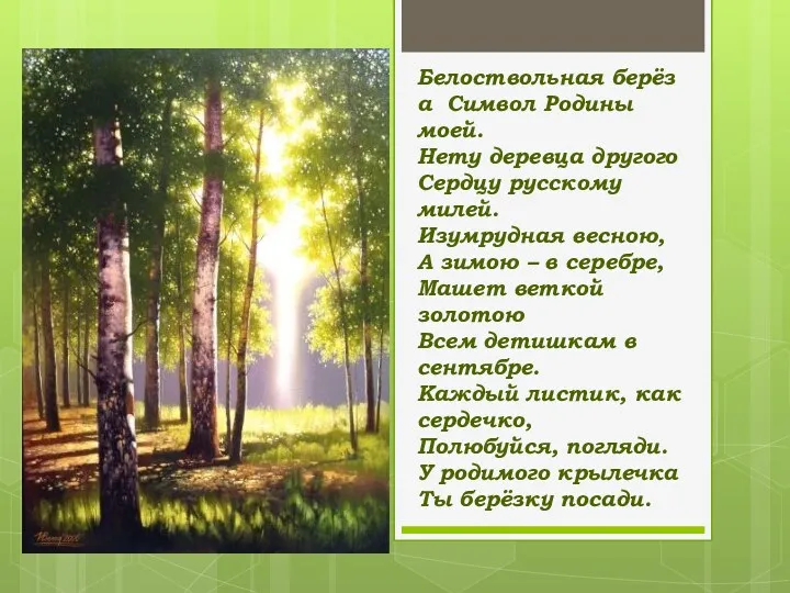 Белоствольная берёза Символ Родины моей. Нету деревца другого Сердцу русскому милей. Изумрудная весною,
