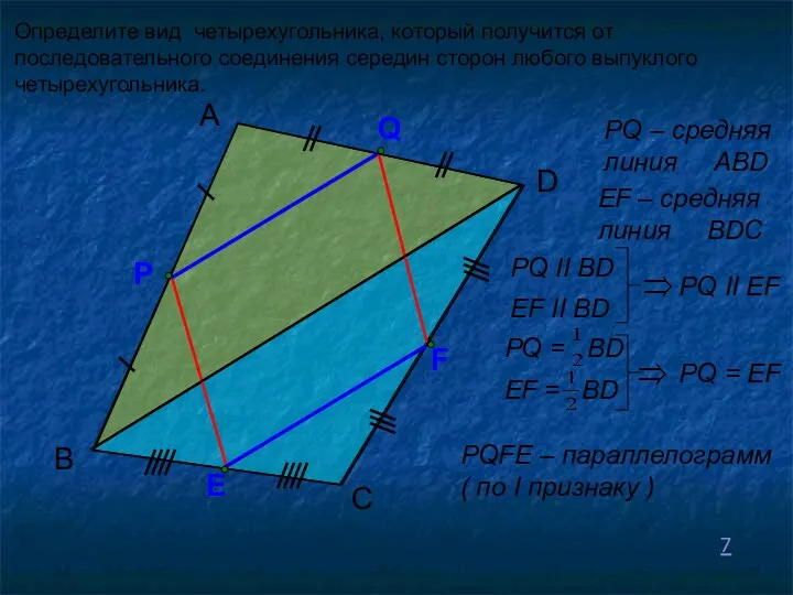 B А D Определите вид четырехугольника, который получится от последовательного соединения середин сторон