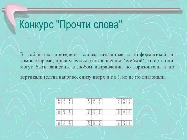 Конкурс "Прочти слова" В табличках приведены слова, связанные с информатикой