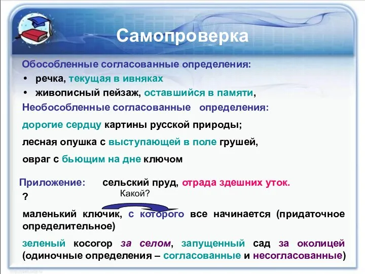 Самопроверка Обособленные согласованные определения: речка, текущая в ивняках живописный пейзаж,