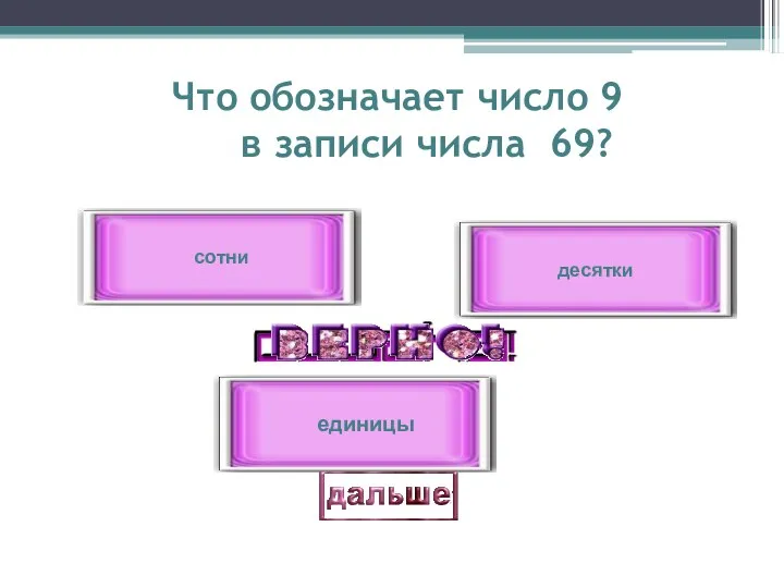 Что обозначает число 9 в записи числа 69? единицы сотни десятки