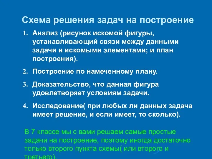 Схема решения задач на построение Анализ (рисунок искомой фигуры, устанавливающий