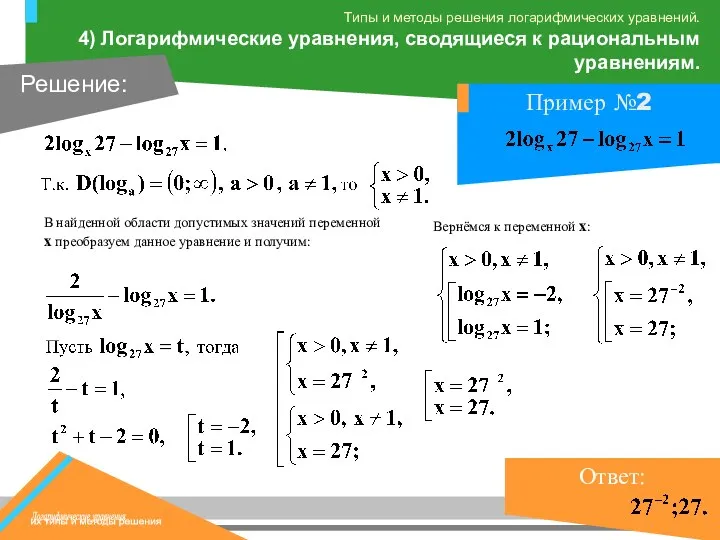 В найденной области допустимых значений переменной х преобразуем данное уравнение и получим: Вернёмся к переменной х: